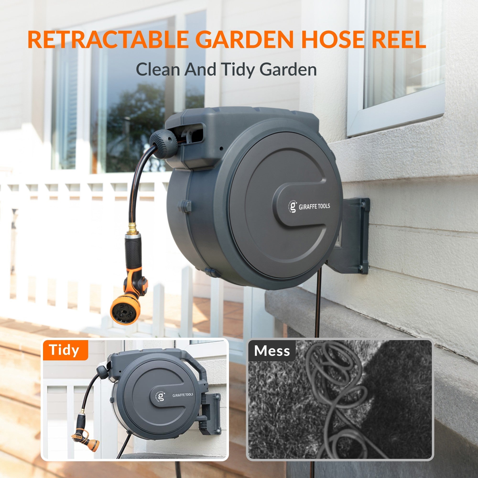 Giraffe Tools Retractable Garden Hose Reel-1/2in-78ft SpadezStore