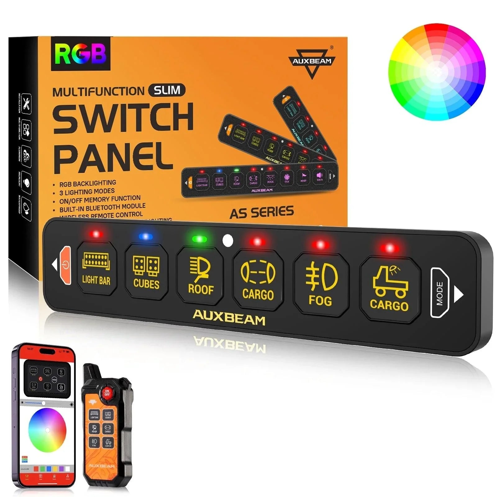 Auxbeam AS Series 4/6/8 Gang RGB Slim Switch Panel with APP & Remote Control, Toggle/ Momentary/ Pulsed Mode Supported One-Sided Outlet SpadezStore