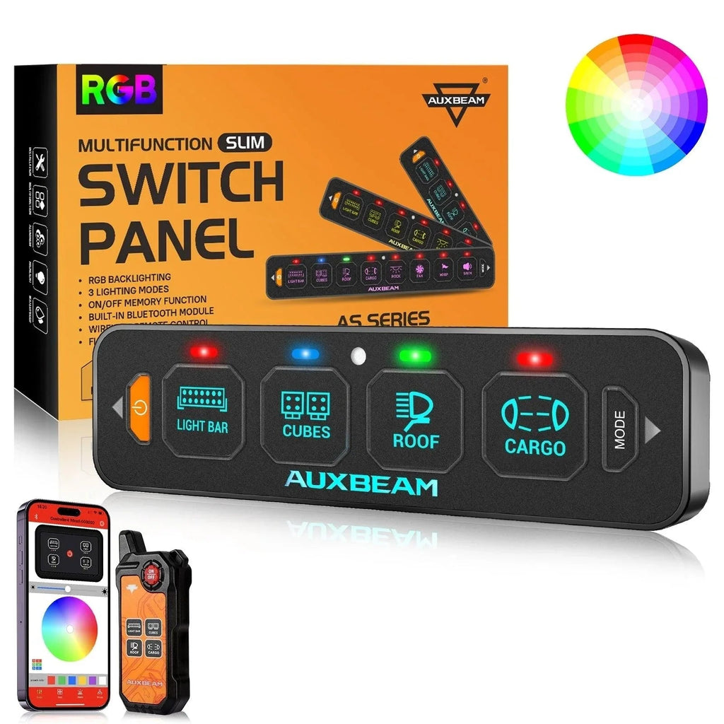 Auxbeam AS Series 4/6/8 Gang RGB Slim Switch Panel with APP & Remote Control, Toggle/ Momentary/ Pulsed Mode Supported One-Sided Outlet SpadezStore