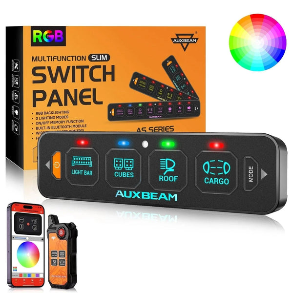 Auxbeam AS Series 4/6/8 Gang RGB Slim Switch Panel with APP & Remote Control, Toggle/ Momentary/ Pulsed Mode Supported One-Sided Outlet SpadezStore