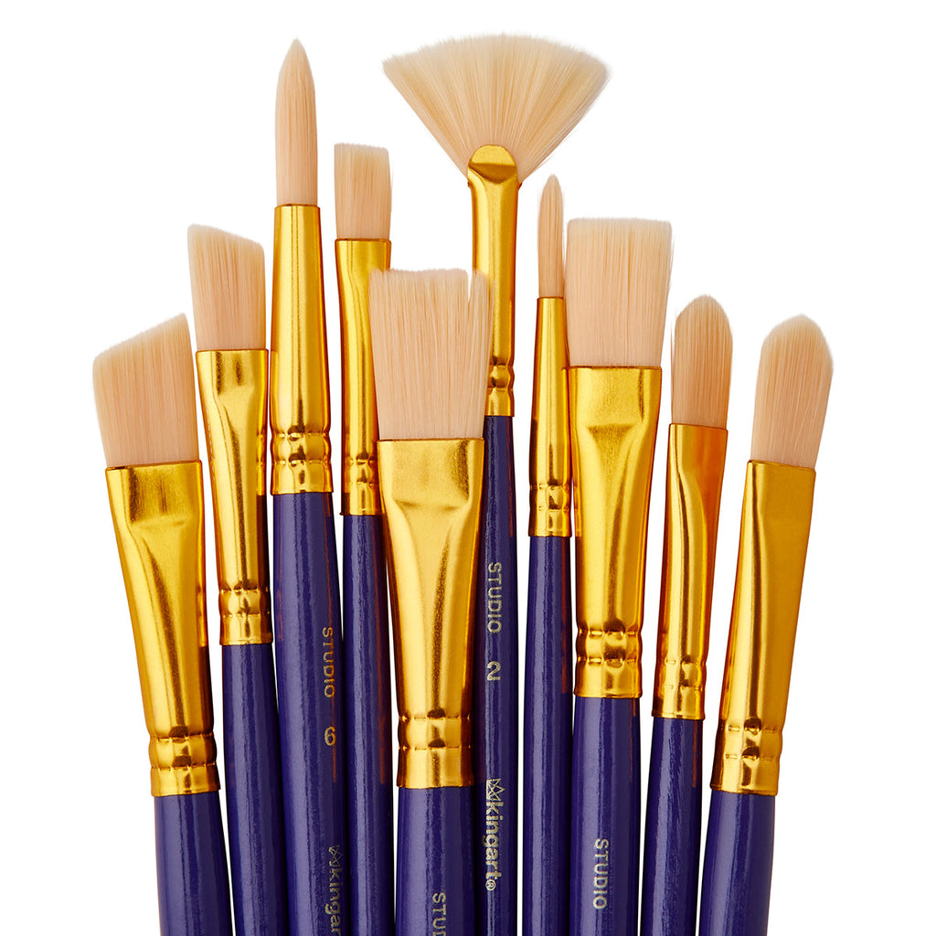 KINGART Studio Mixed Media Synthetic White Bristle Brush Set - 10 pc