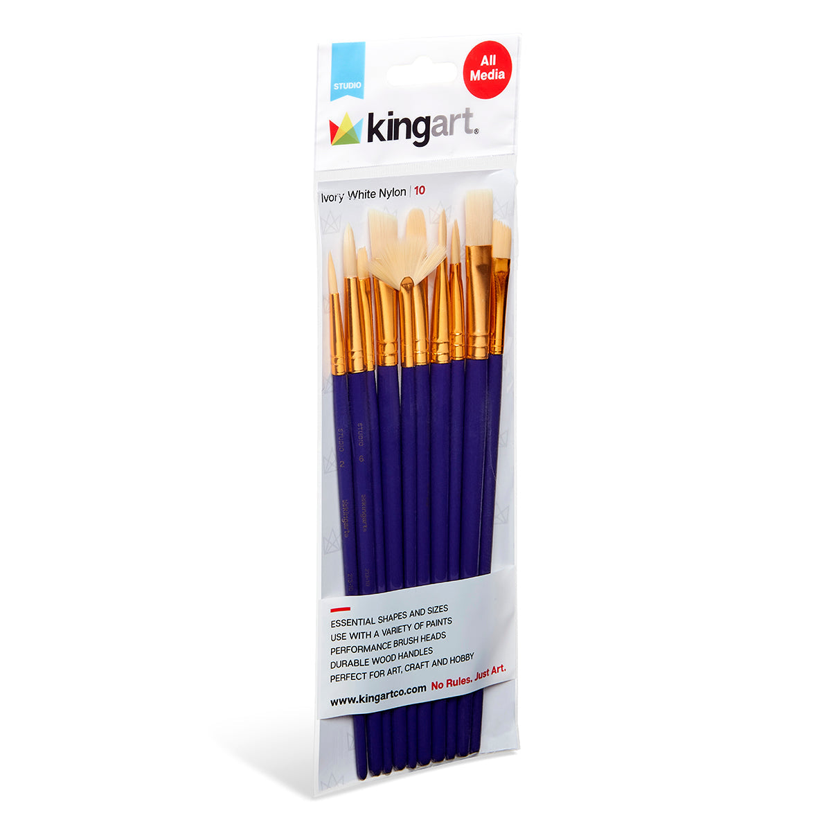 KINGART Studio Mixed Media Synthetic White Bristle Brush Set - 10 pc