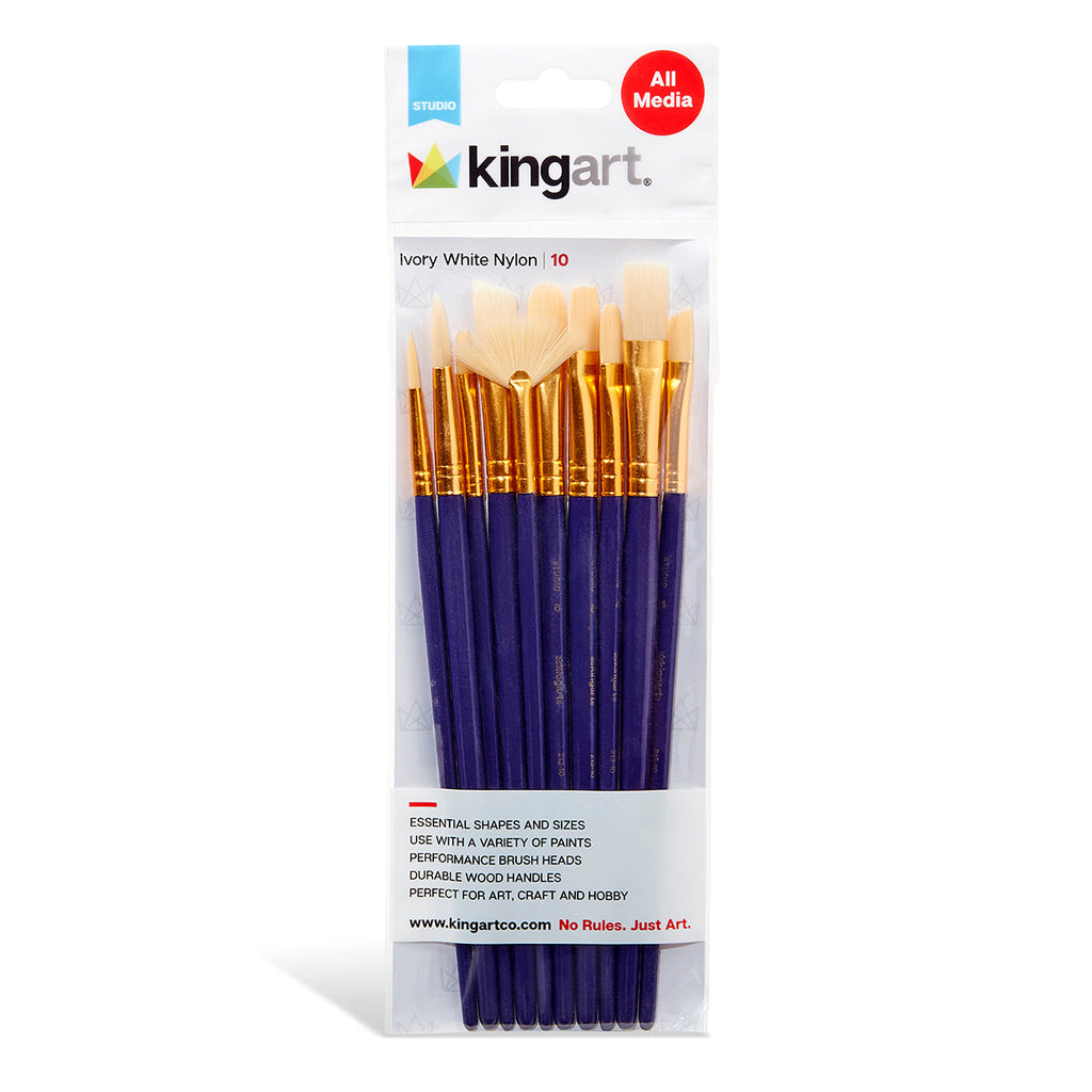 KINGART Studio Mixed Media Synthetic White Bristle Brush Set - 10 pc