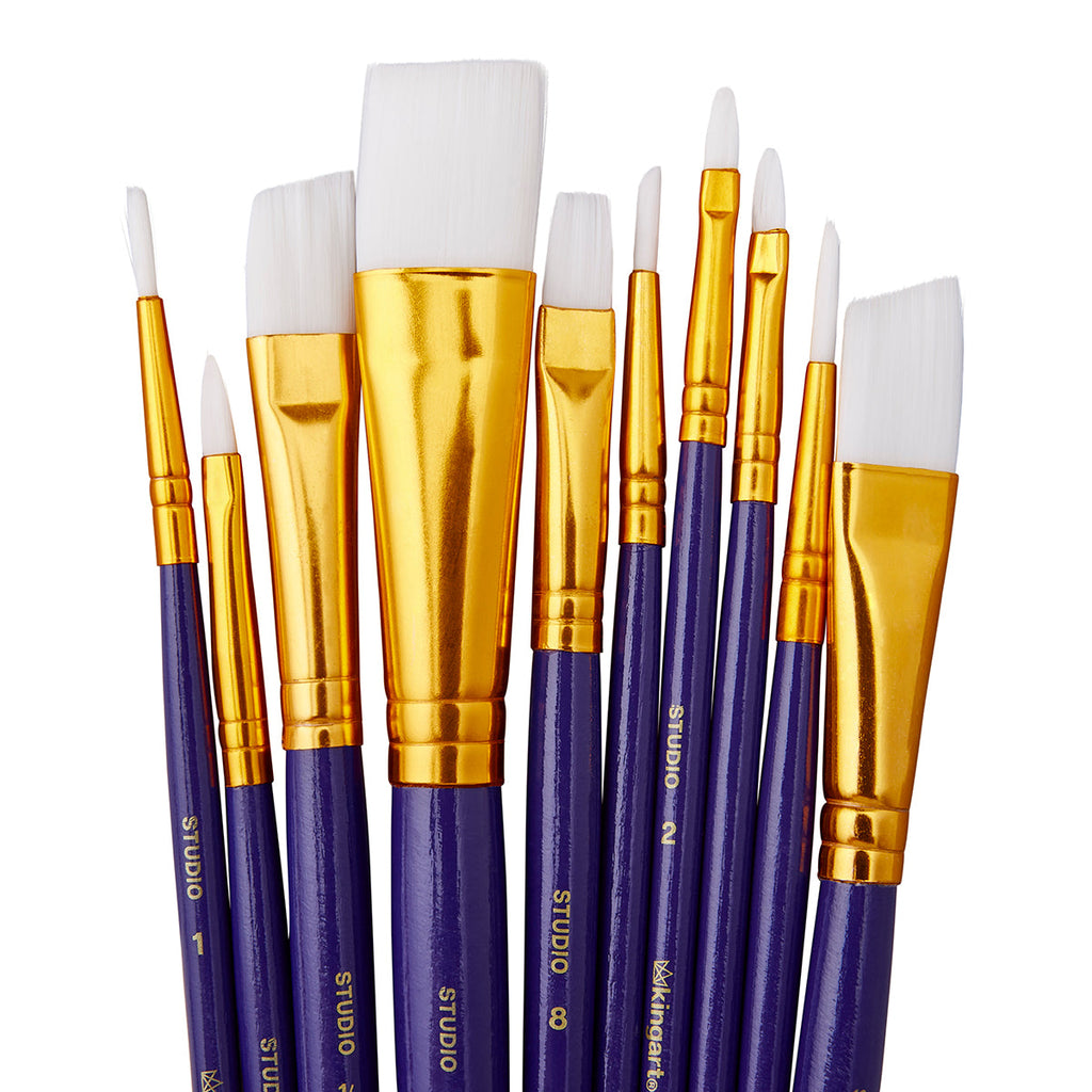 KINGART Studio White Nylon Brush Set - Acrylic & Watercolor - 10 pc