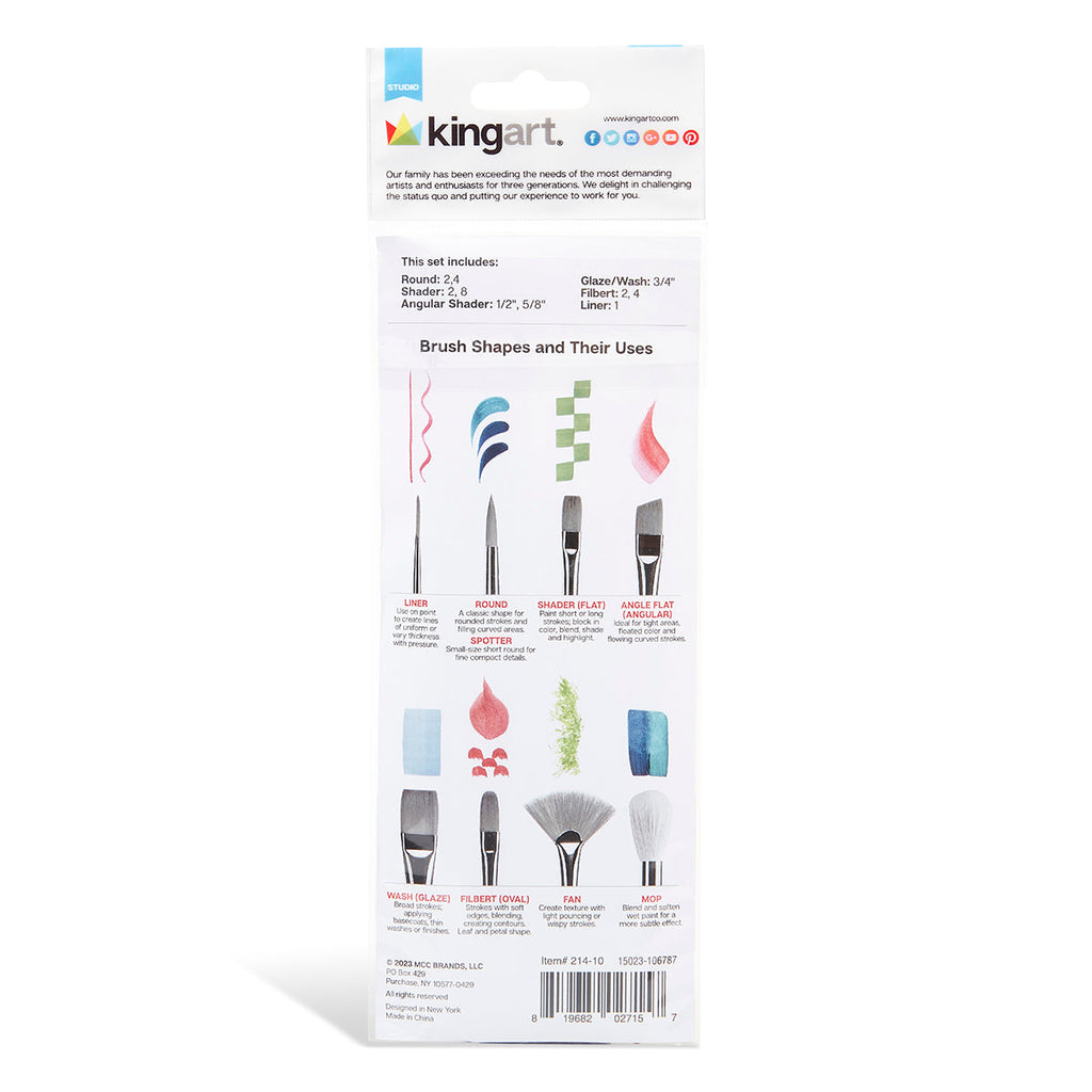 KINGART Studio White Nylon Brush Set - Acrylic & Watercolor - 10 pc