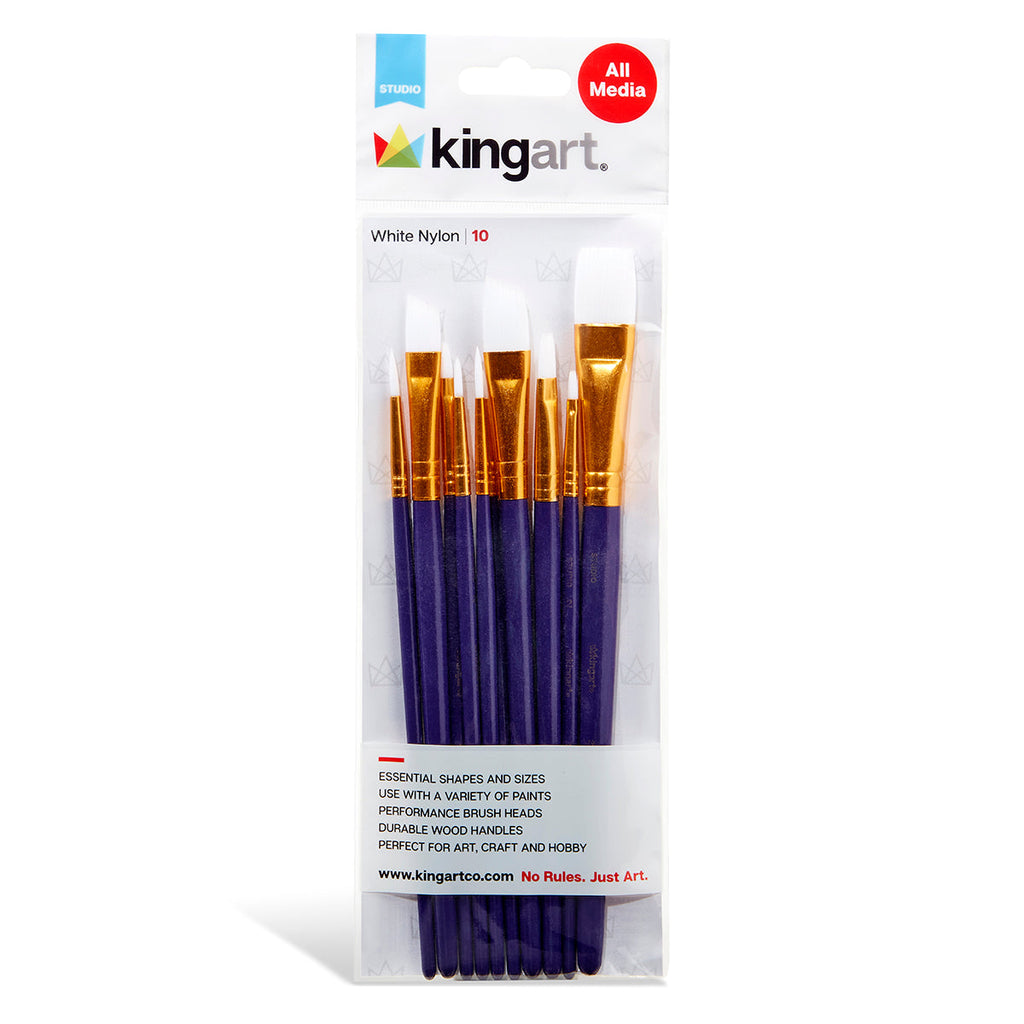 KINGART Studio White Nylon Brush Set - Acrylic & Watercolor - 10 pc