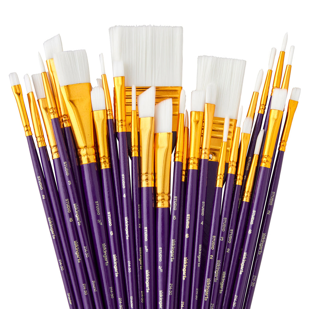 KINGART Studio White Nylon Brush Set - Acrylic & Watercolor - 30 pc