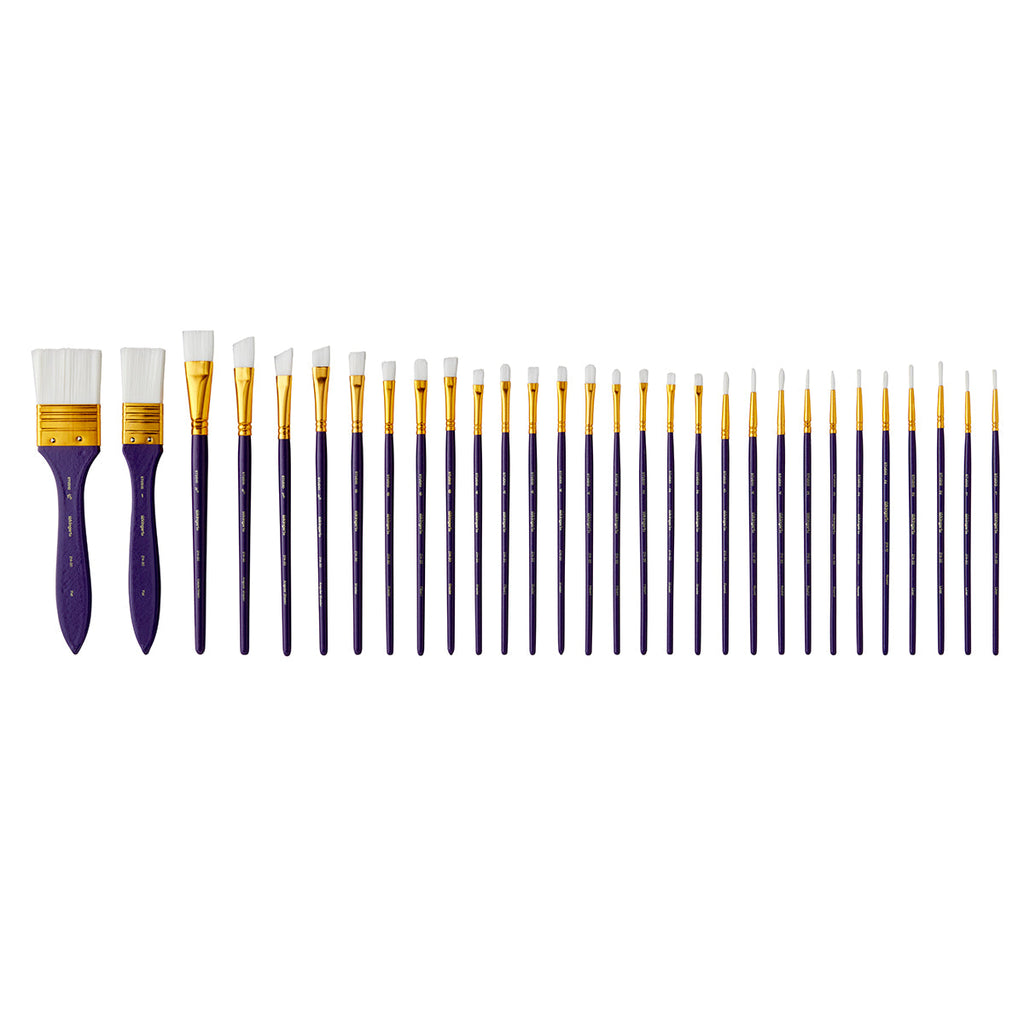 KINGART Studio White Nylon Brush Set - Acrylic & Watercolor - 30 pc