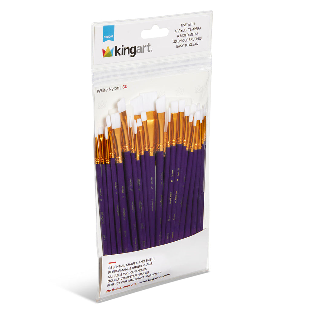 KINGART Studio White Nylon Brush Set - Acrylic & Watercolor - 30 pc