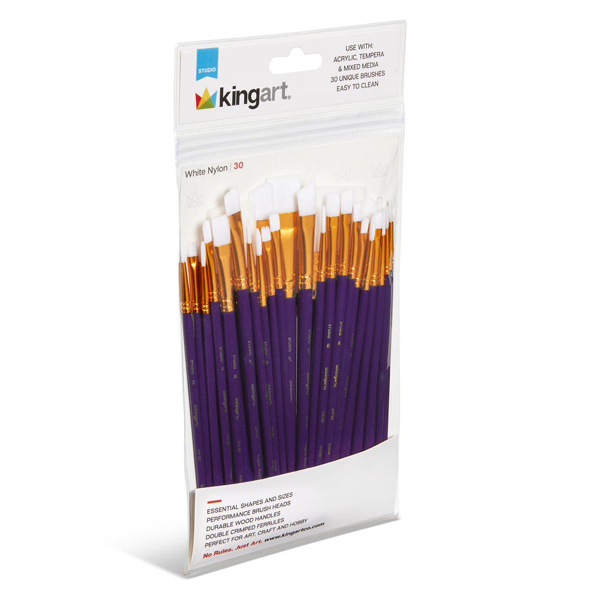 KINGART Studio White Nylon Brush Set - Acrylic & Watercolor - 30 pc