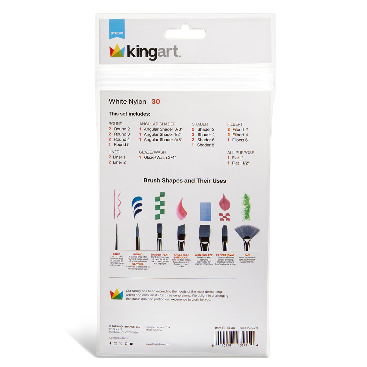 KINGART Studio White Nylon Brush Set - Acrylic & Watercolor - 30 pc