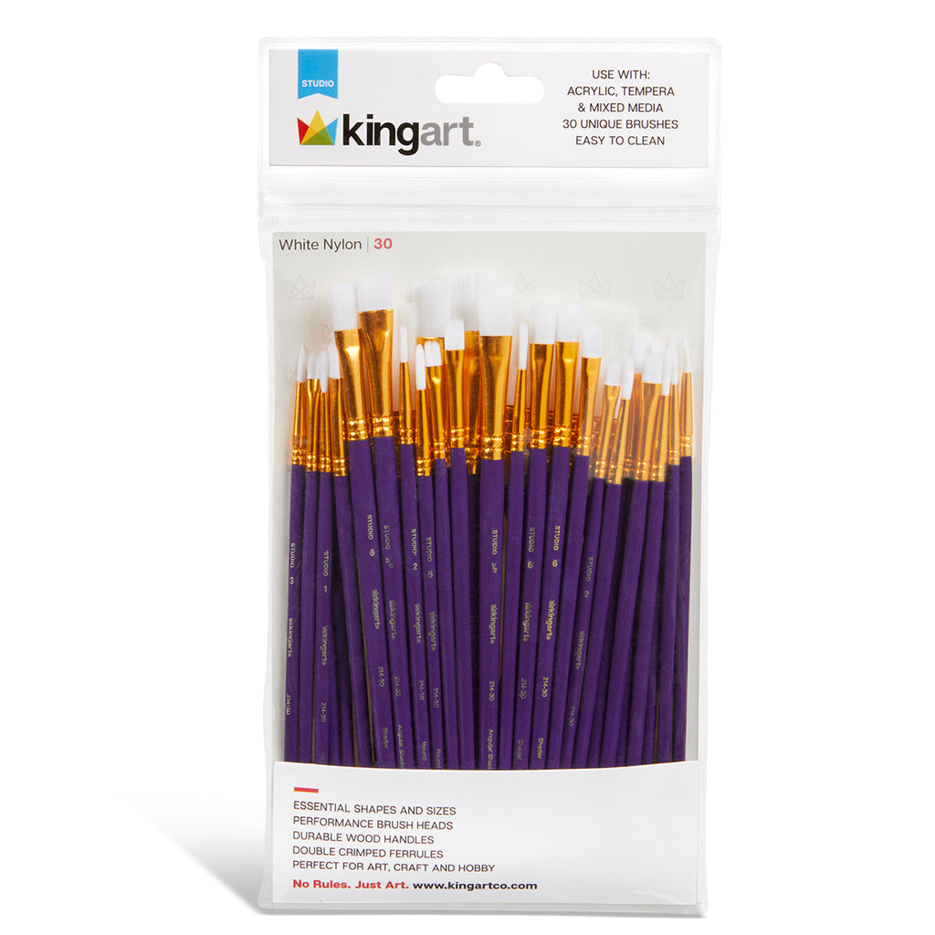 KINGART Studio White Nylon Brush Set - Acrylic & Watercolor - 30 pc