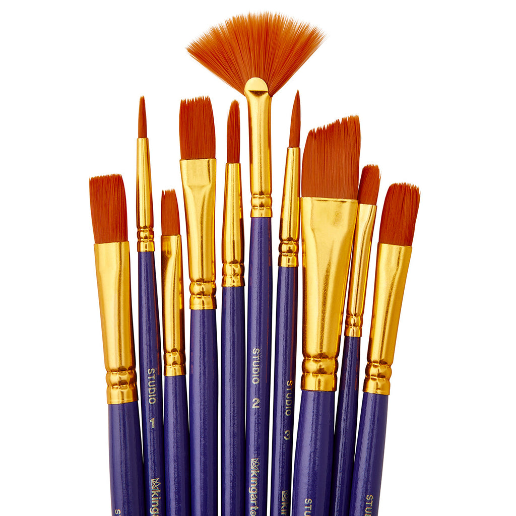 KINGART Studio Gold Nylon Brush Set - Acrylic & Watercolor - 10 pc