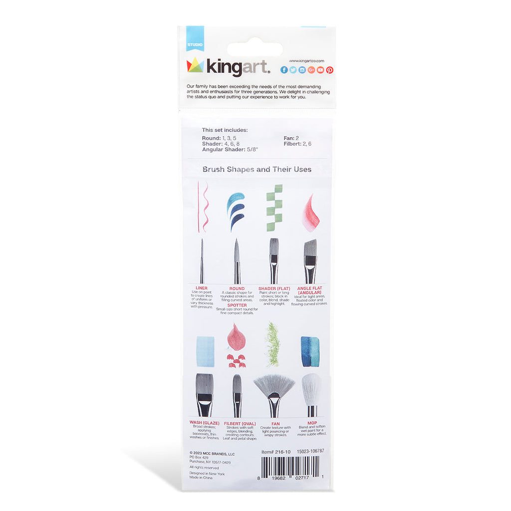 KINGART Studio Gold Nylon Brush Set - Acrylic & Watercolor - 10 pc