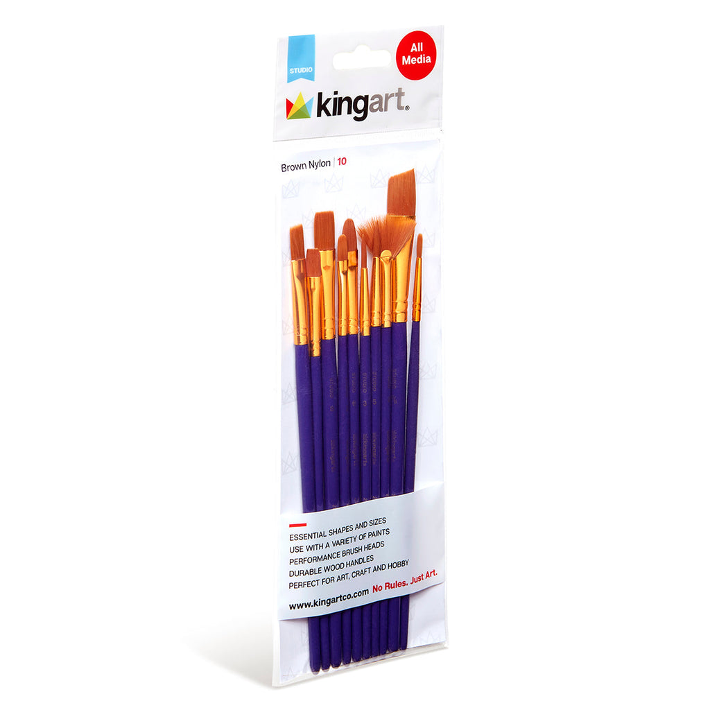KINGART Studio Gold Nylon Brush Set - Acrylic & Watercolor - 10 pc