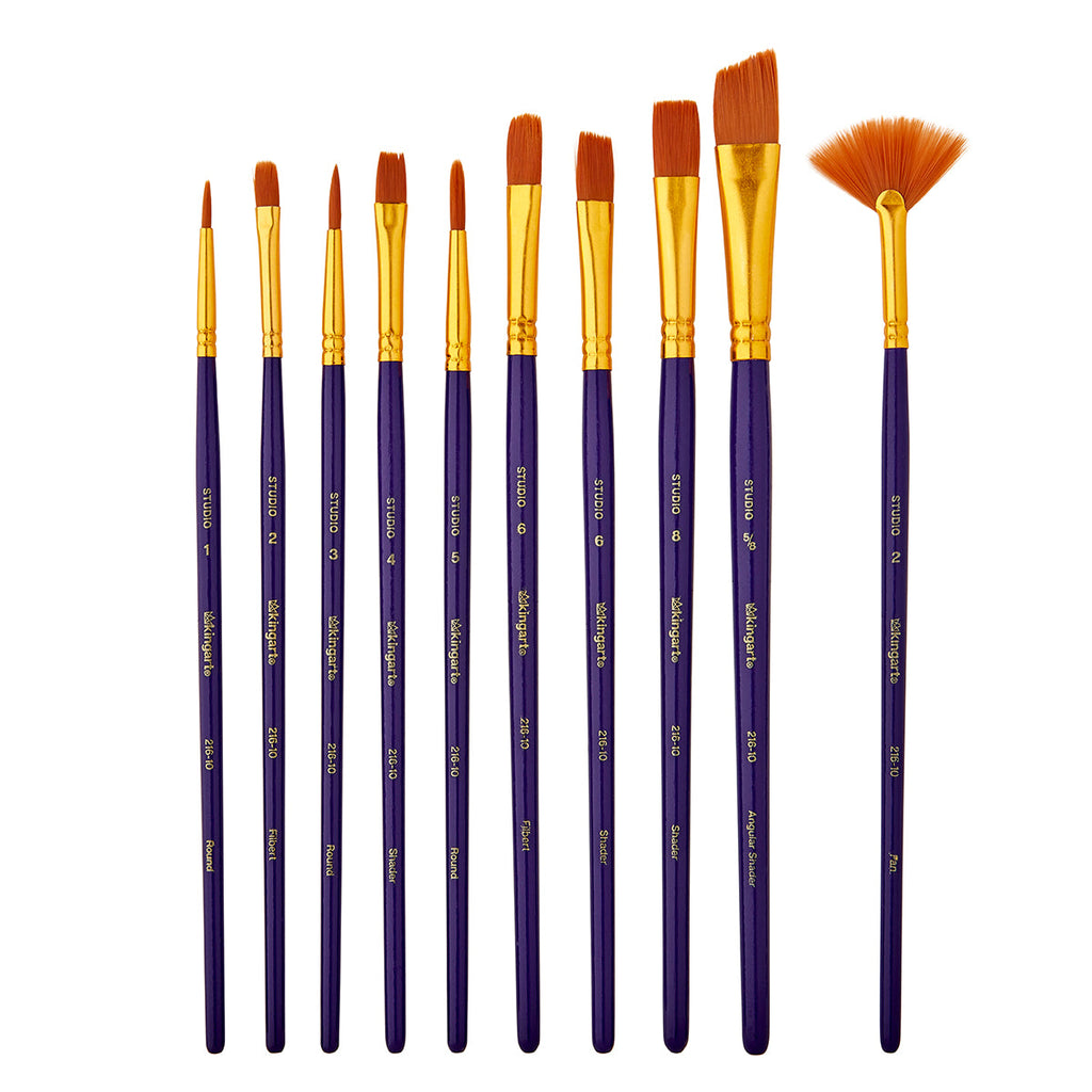 KINGART Studio Gold Nylon Brush Set - Acrylic & Watercolor - 10 pc