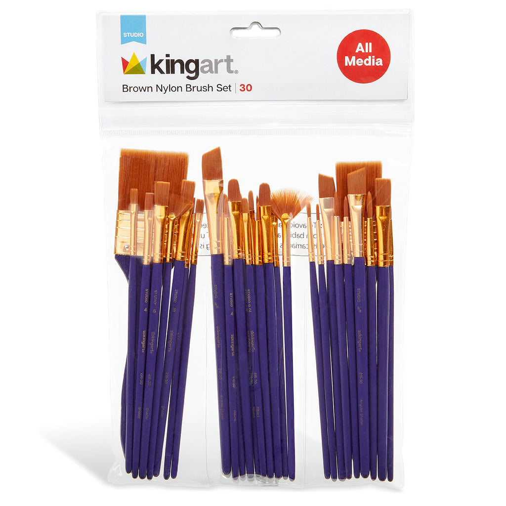 KINGART Studio Gold Nylon Brush Set - Acrylic & Watercolor - 30 pc
