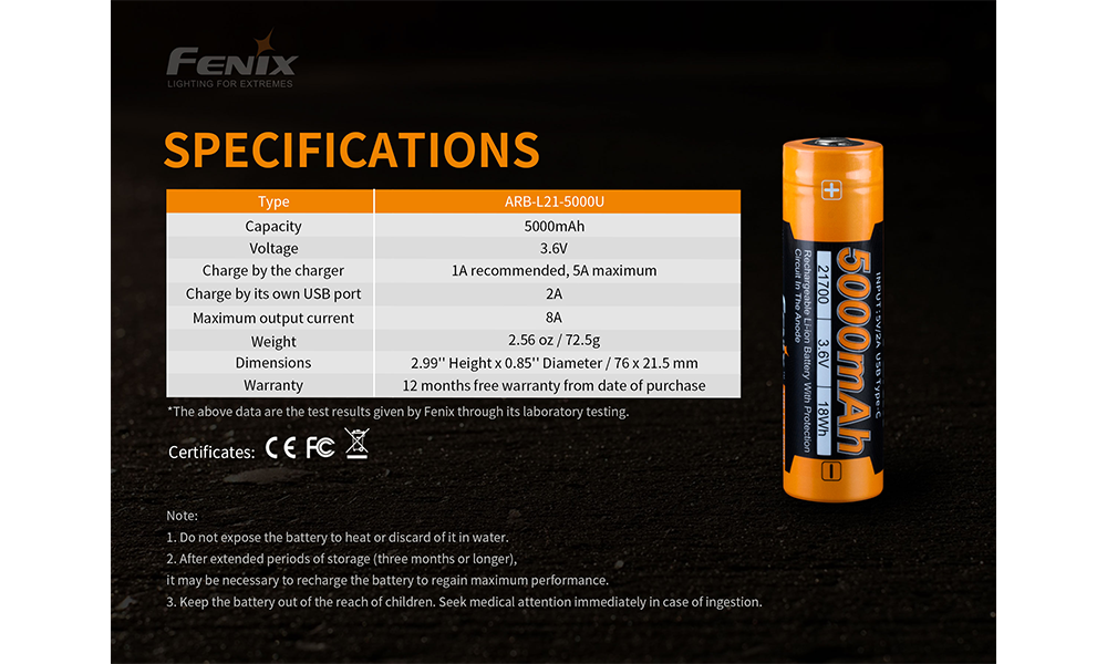 Fenix ARB-L21-5000U Rechargeable 21700 Battery SpadezStore