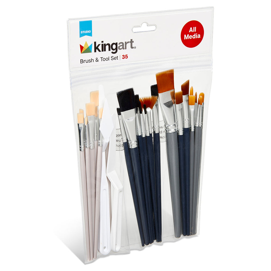 KINGART Studio Brush Set - Black & Brown Nylon & White Bristle - 35 Pieces