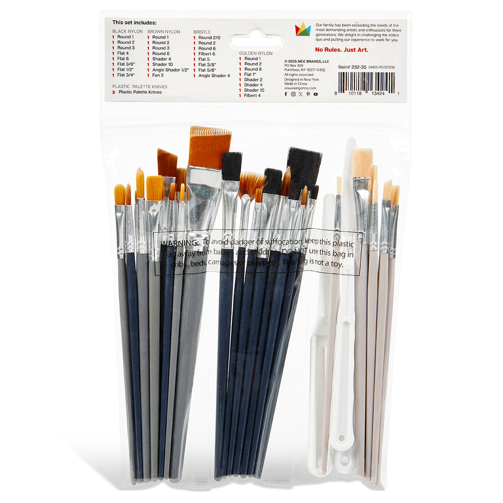 KINGART Studio Brush Set - Black & Brown Nylon & White Bristle - 35 Pieces