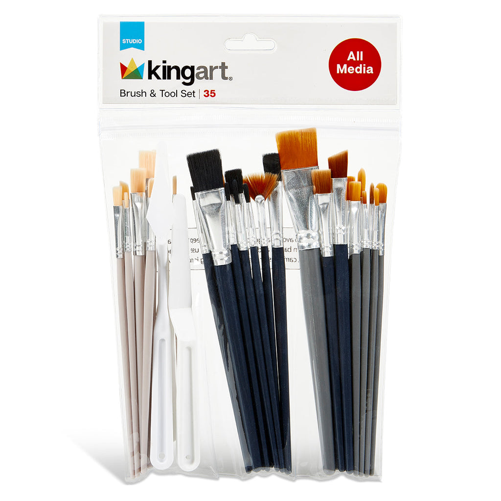 KINGART Studio Brush Set - Black & Brown Nylon & White Bristle - 35 Pieces