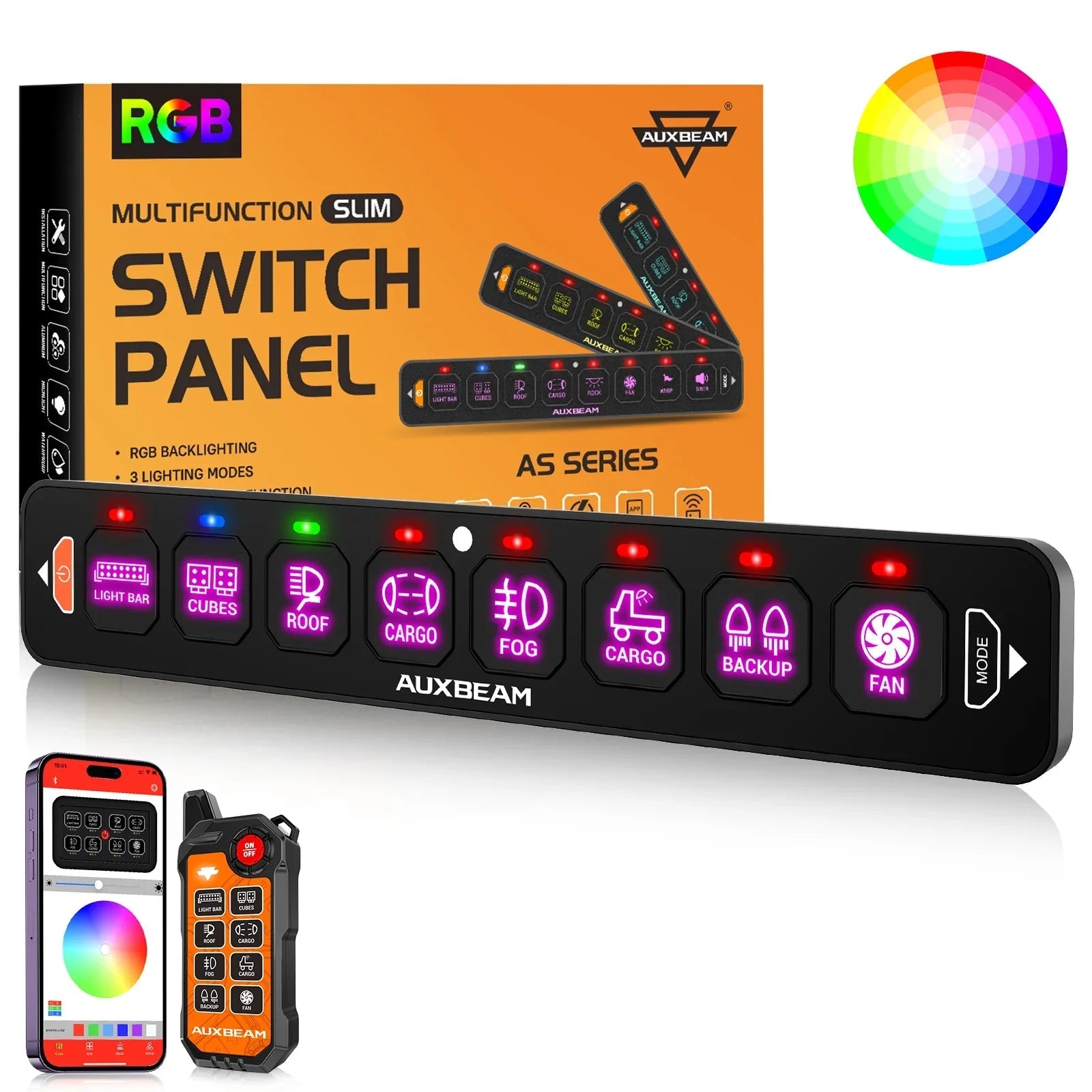 Auxbeam AS Series 4/6/8 Gang RGB Slim Switch Panel with APP & Remote Control, Toggle/ Momentary/ Pulsed Mode Supported One-Sided Outlet SpadezStore