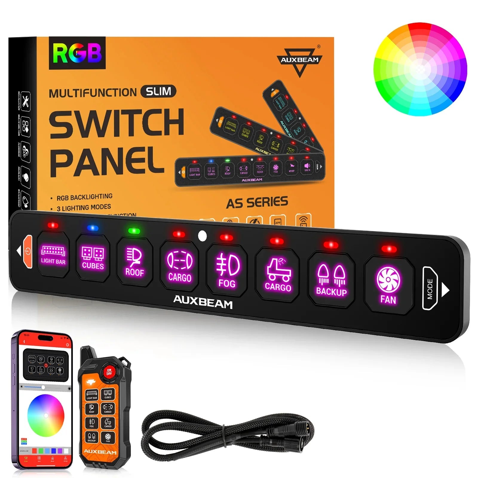 Auxbeam AS Series 4/6/8 Gang RGB Slim Switch Panel with APP & Remote Control, Toggle/ Momentary/ Pulsed Mode Supported One-Sided Outlet SpadezStore