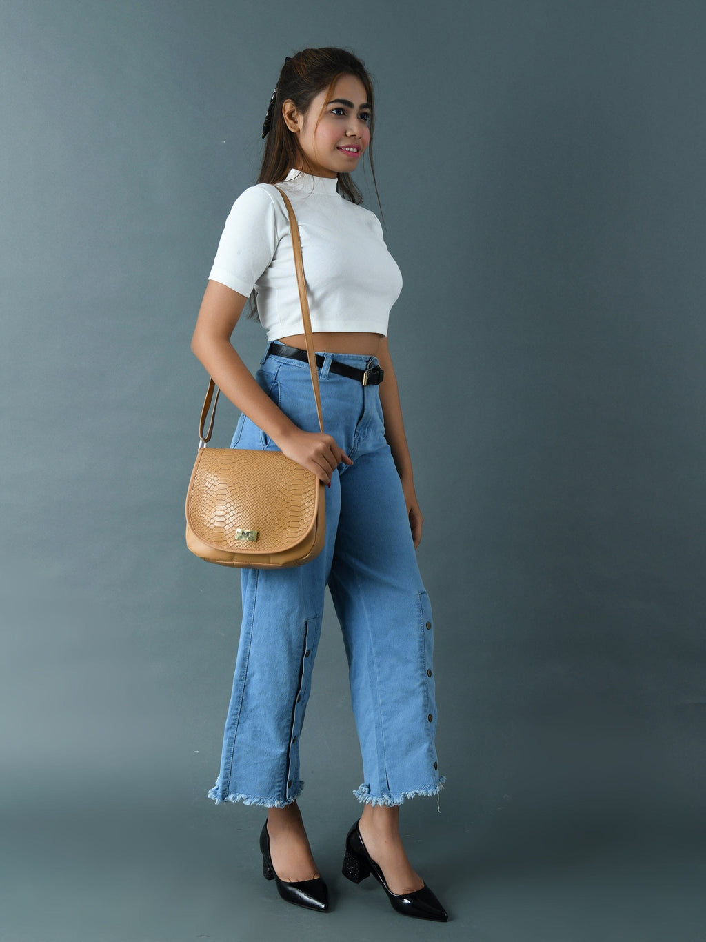 Classy Leather Bags The Croco Satchel- Beige SpadezStore