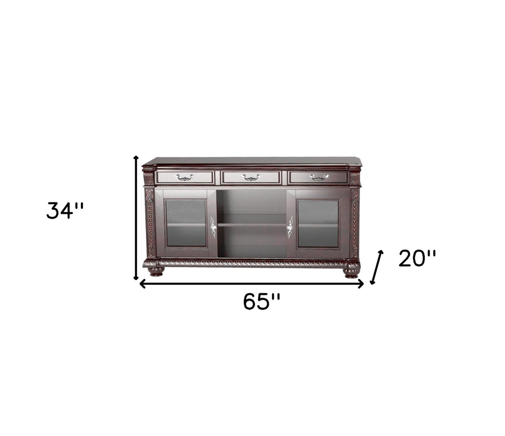 65" Dark Brown Solid Wood Enclosed and Open Storage TV Stand SpadezStore