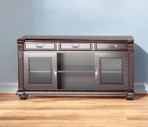 65" Dark Brown Solid Wood Enclosed and Open Storage TV Stand SpadezStore