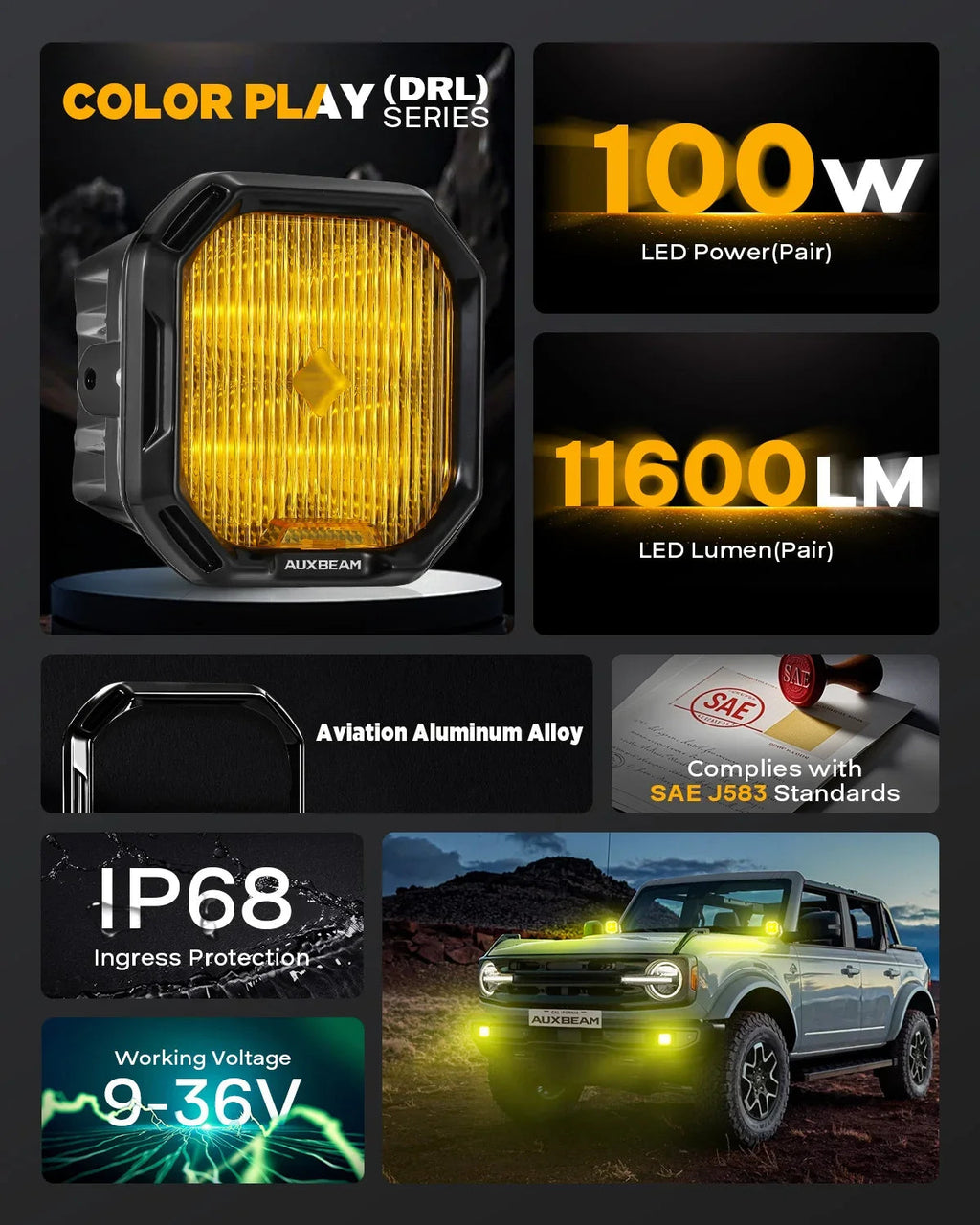 Auxbeam Color Play Series 3 Inch LED Fog Light Kit for Ford Honda Nissan Subaru Acura