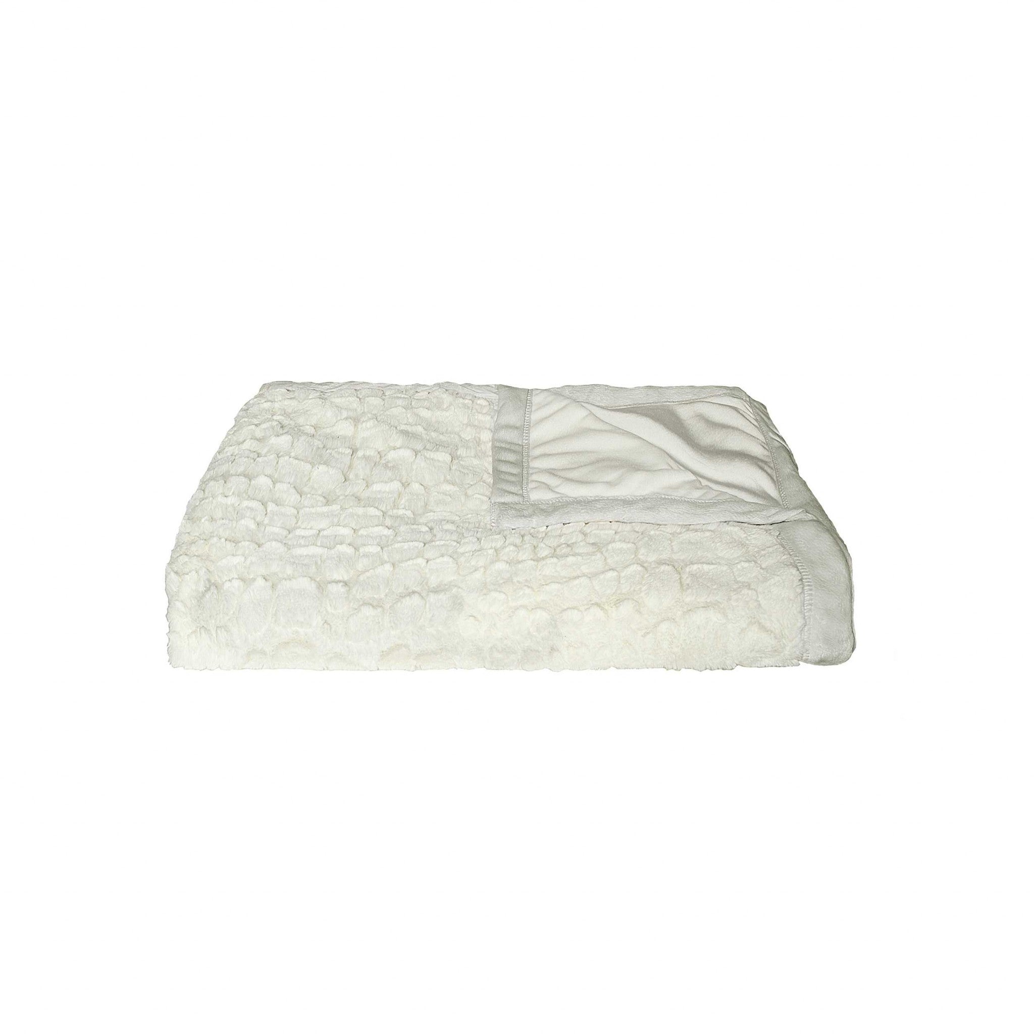 Ivory Faux Fur Plush Throw Blanket with Embroidery - Thumbnail 4