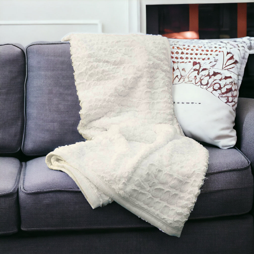 50" X 70" Ivory Faux Fur Plush Throw Blanket with Embroidery SpadezStore