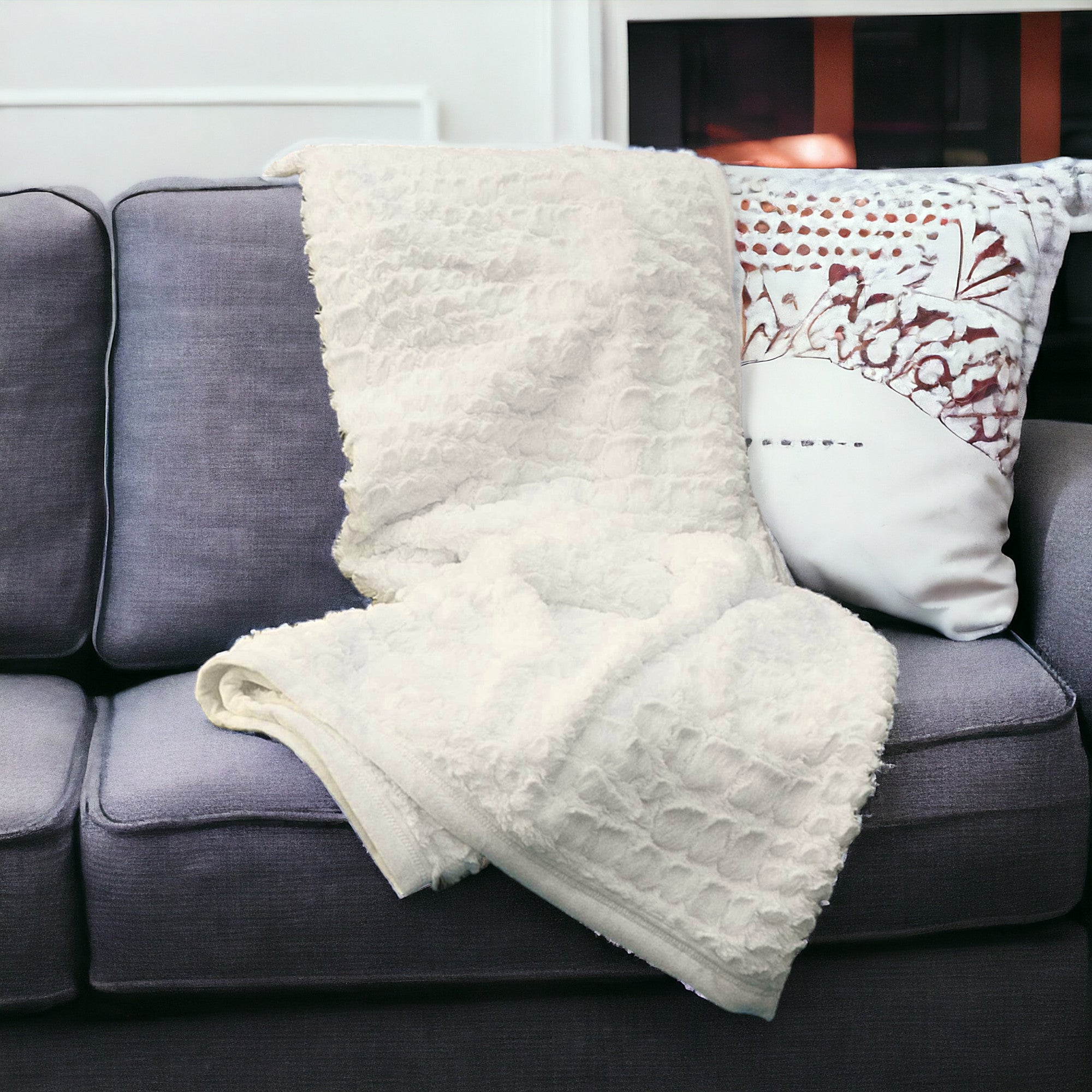 50" X 70" Ivory Faux Fur Plush Throw Blanket with Embroidery SpadezStore