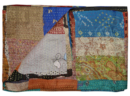 60" X 90" Blue Brown And Green Patchwork Cotton Quilted Kantha Throw Blanket with Embroidery SpadezStore