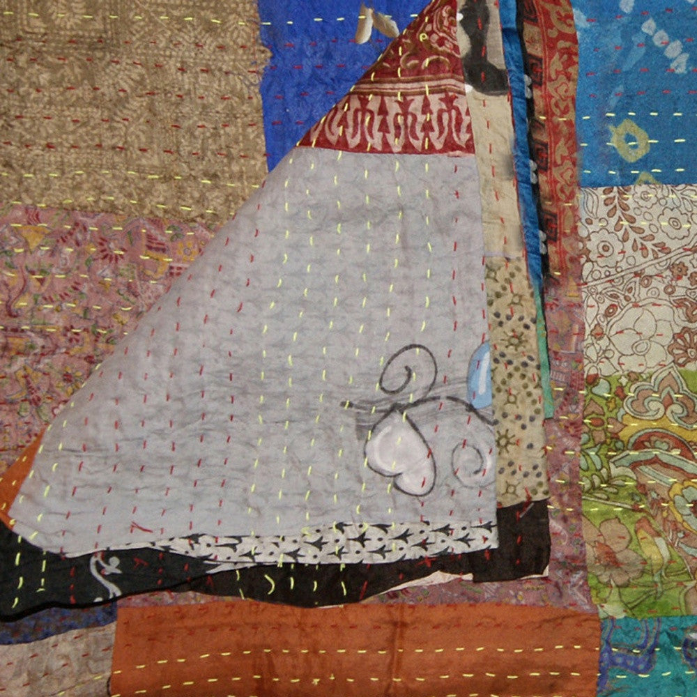 60" X 90" Blue Brown And Green Patchwork Cotton Quilted Kantha Throw Blanket with Embroidery SpadezStore
