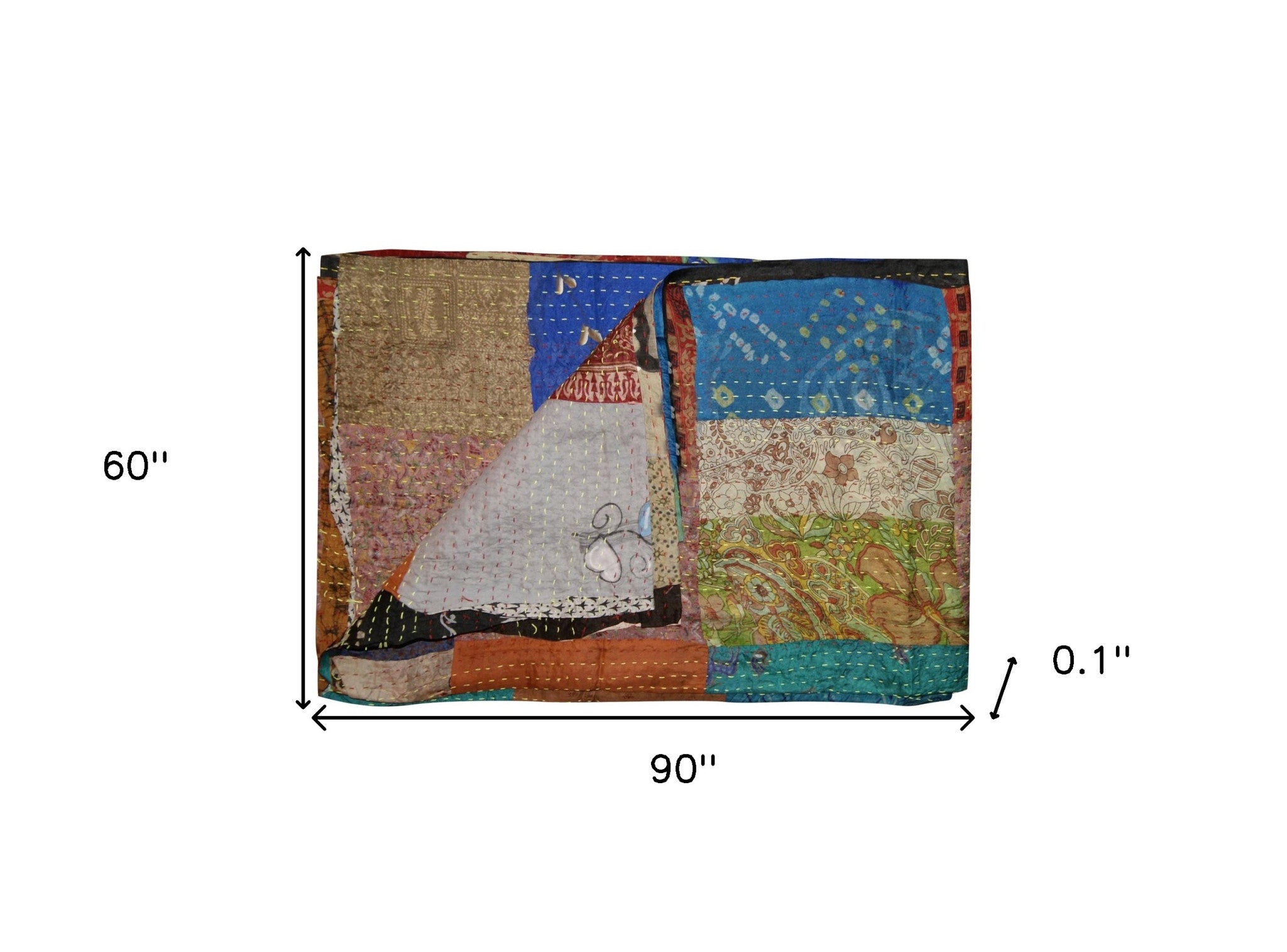 60" X 90" Blue Brown And Green Patchwork Cotton Quilted Kantha Throw Blanket with Embroidery SpadezStore