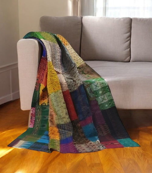 60" X 90" Blue Brown And Green Patchwork Cotton Quilted Kantha Throw Blanket with Embroidery SpadezStore