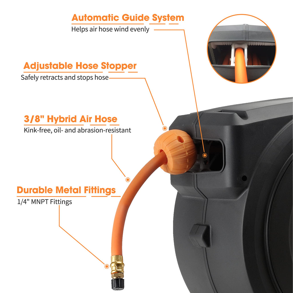 Giraffe Tools Retractable Air Hose Reel-PP Housing-3/8in-50ft SpadezStore