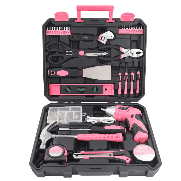Apollo Tools New and Improved 135 Piece Pink Household Tool Set with Pivoting Dual-Angle 3.6 Volt Lithium-Ion Cordless Screwdriver in Hard Case - DT0774P SpadezStore