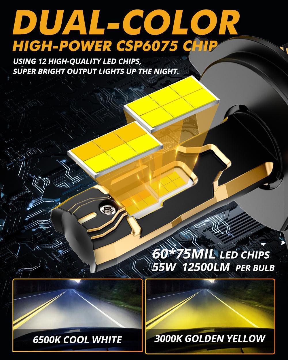 Auxbeam H4 LED Headlight Bulbs 110W 25000LM GX Bi-Color Series High Power & Brightness Dual Color Switchback | 2 Bulbs