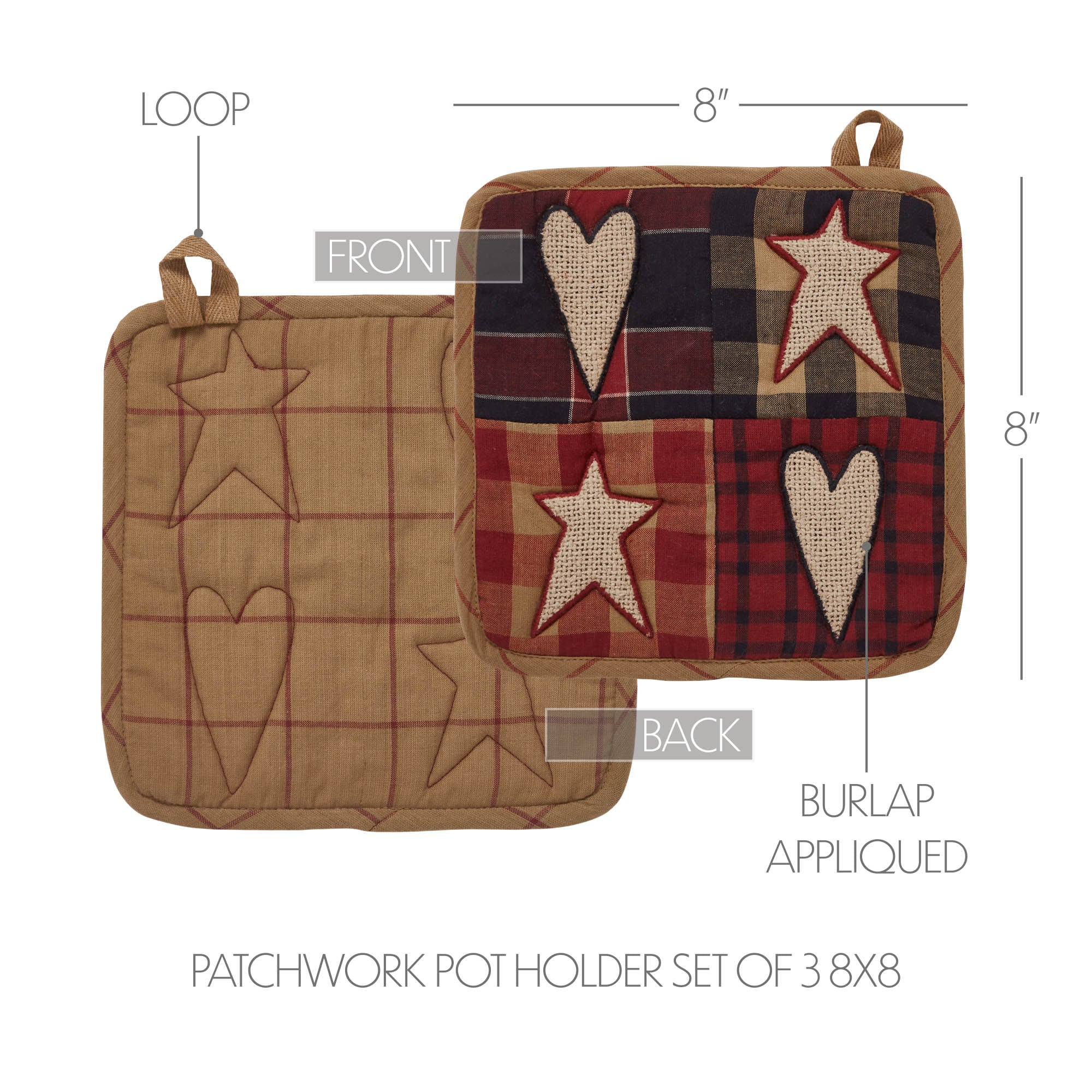 Connell Patchwork Pot Holder Set of 3 8x8 SpadezStore