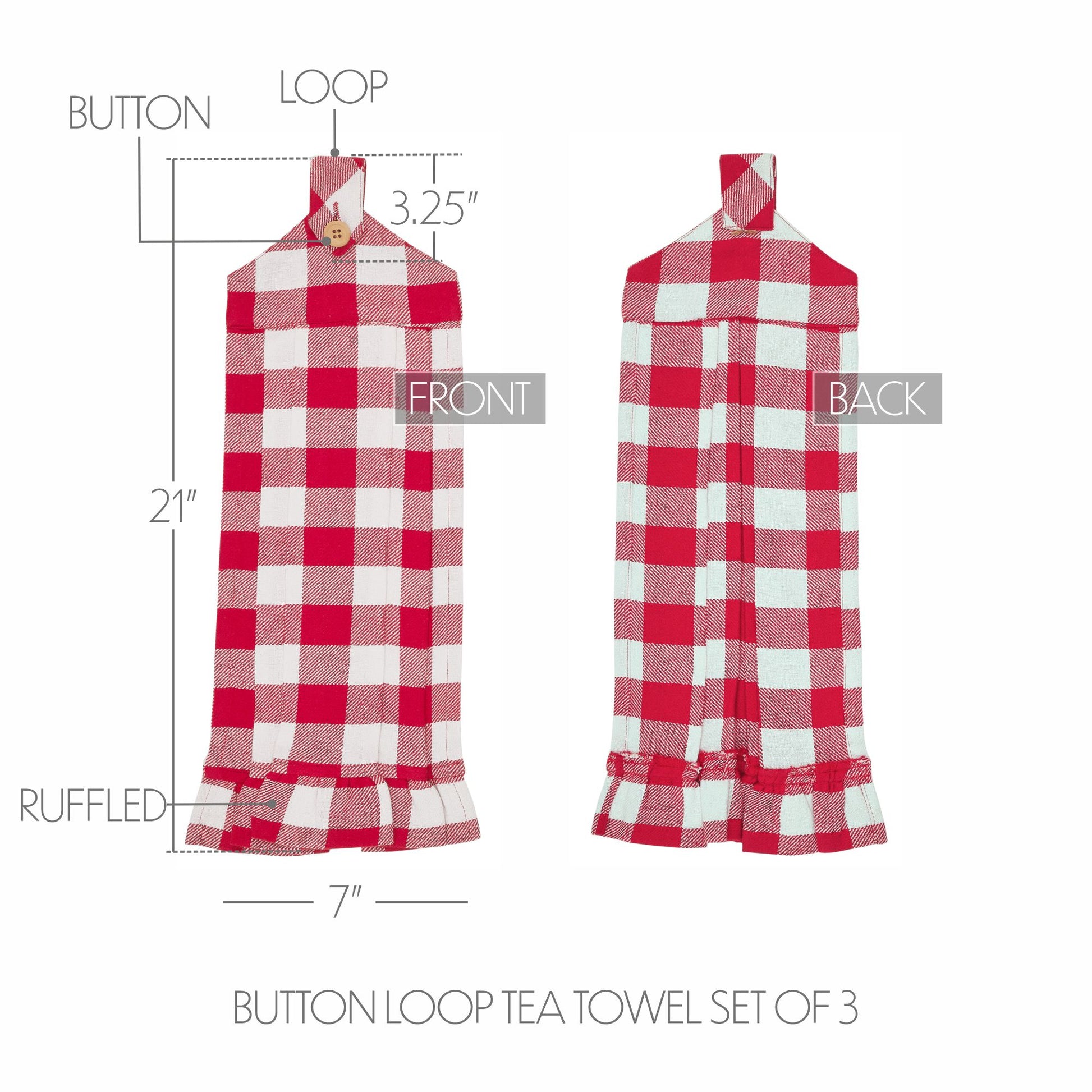 Annie Buffalo Check Red Button Loop Tea Towel Set of 3 SpadezStore