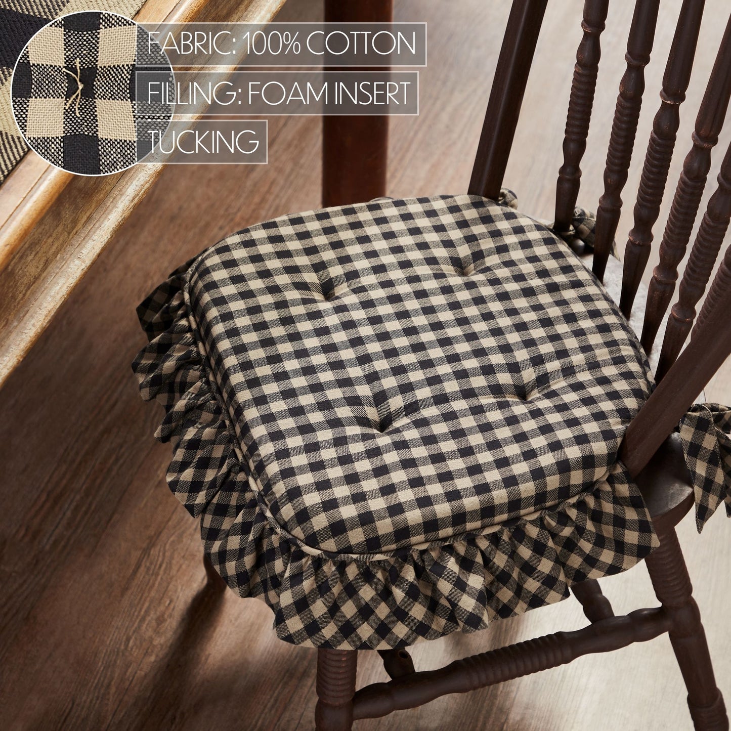 Black Check Ruffled Chair Pad 16.5x18 SpadezStore