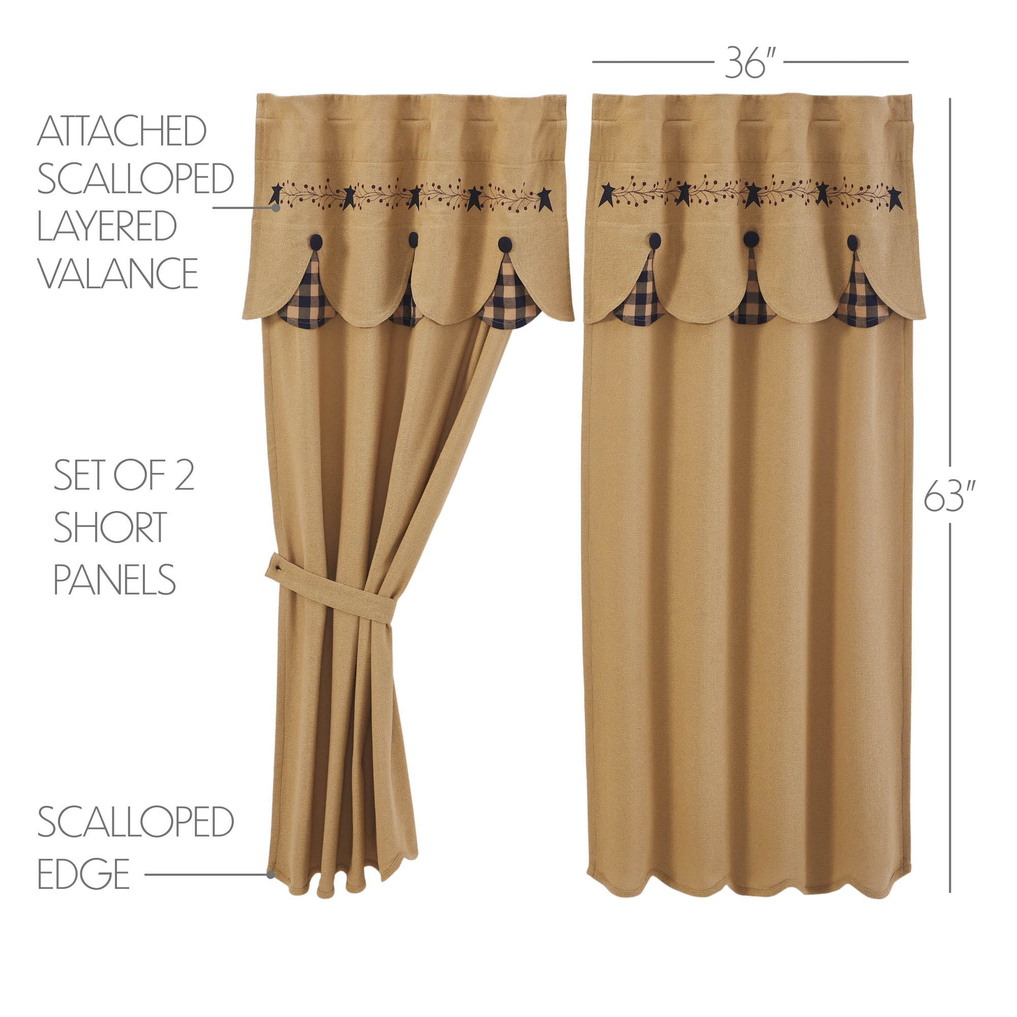 Pip Vinestar Short Panel with Attached Scalloped Layered Valance Set of 2 63x36 SpadezStore