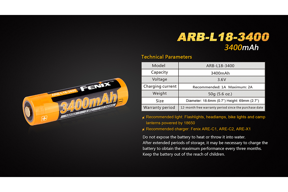 Fenix ARB-L18-3400mAh Rechargeable 18650 Battery SpadezStore