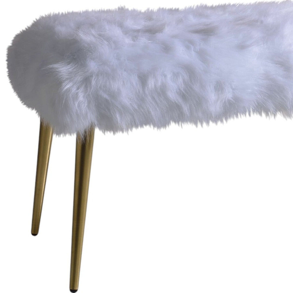 18" White and Gold Upholstered Faux Fur Bench SpadezStore