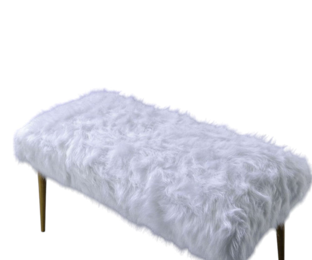 18" White and Gold Upholstered Faux Fur Bench SpadezStore