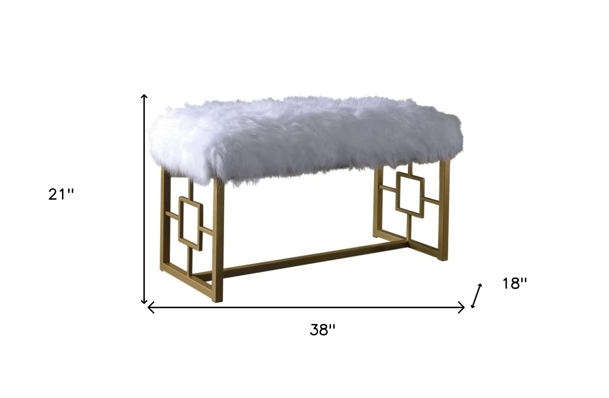 18" White and Gold Faux Fur And Metal Bench SpadezStore