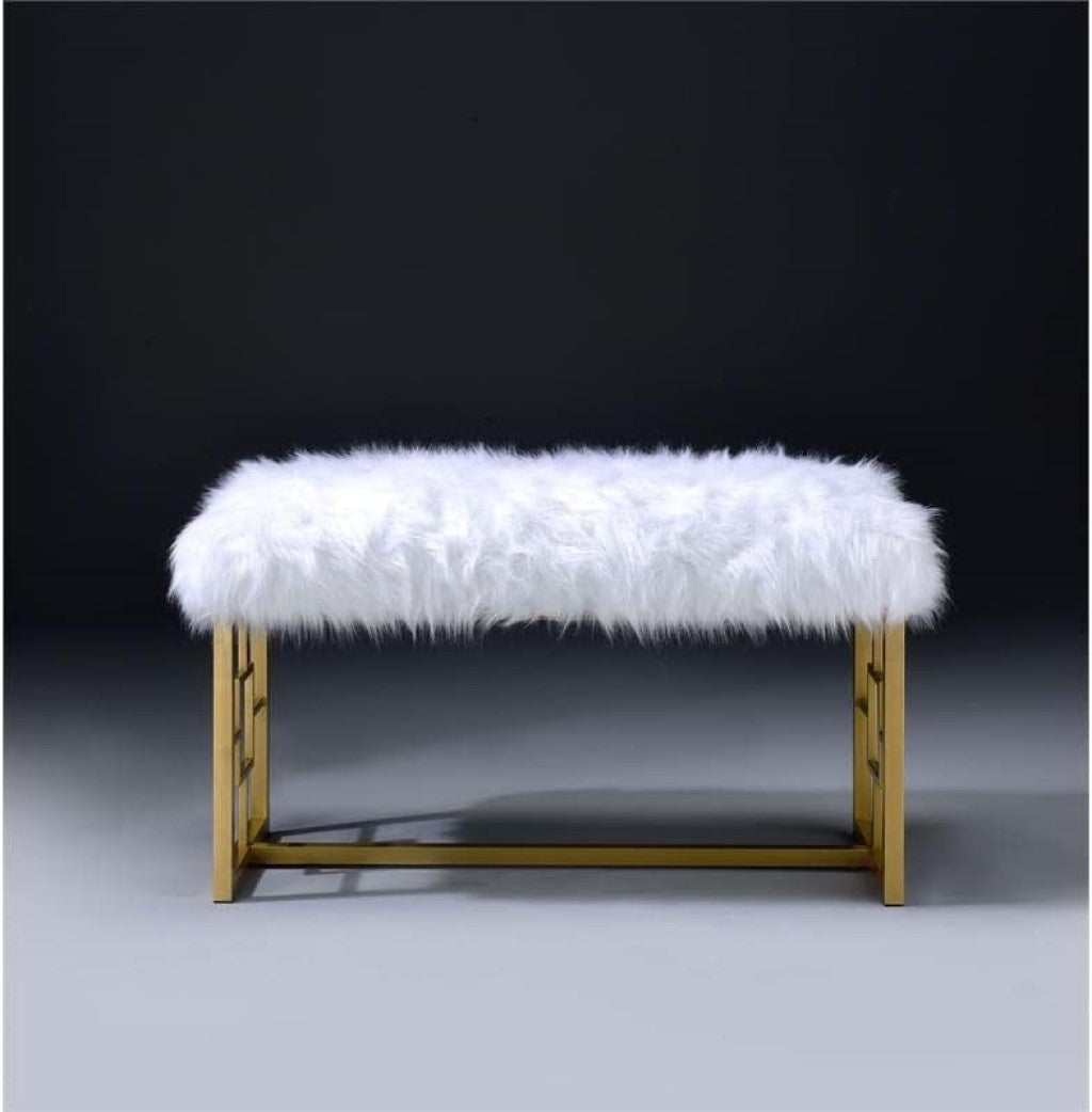 18" White and Gold Faux Fur And Metal Bench SpadezStore